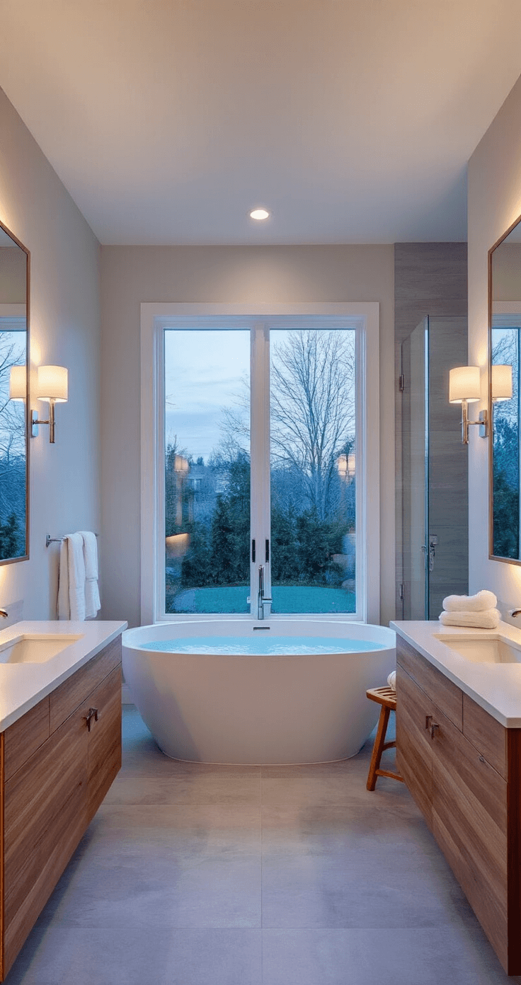 A serene master bathroom at twilight featuring a freestanding oval tub in front of a picturesque window overlooking a private garden, flanked by double vanities with floating wooden cabinets and backlit mirrors, with large gray tiles on the floor and an accent wall, a walk-in rainfall shower in glass, and soft spa-like lighting.
