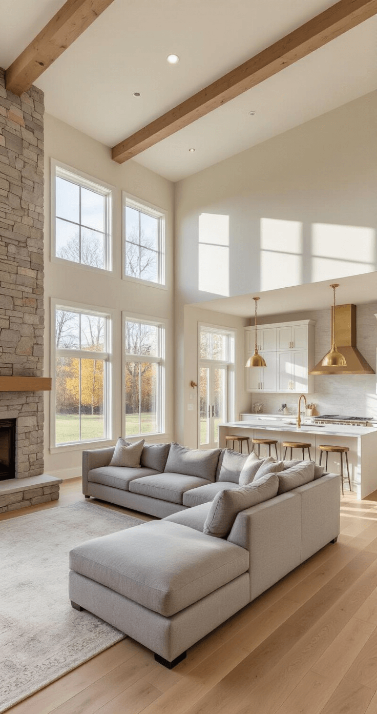 Bloxburg 2-Story House Layout Ideas: Your Ultimate Guide to Crafting the Perfect Virtual Home A spacious open-concept living area featuring a dove gray L-shaped sectional, stone fireplace, and modern kitchen with white quartz countertops. Bathed in warm afternoon light, the honey-toned hardwood floors enhance the inviting atmosphere.