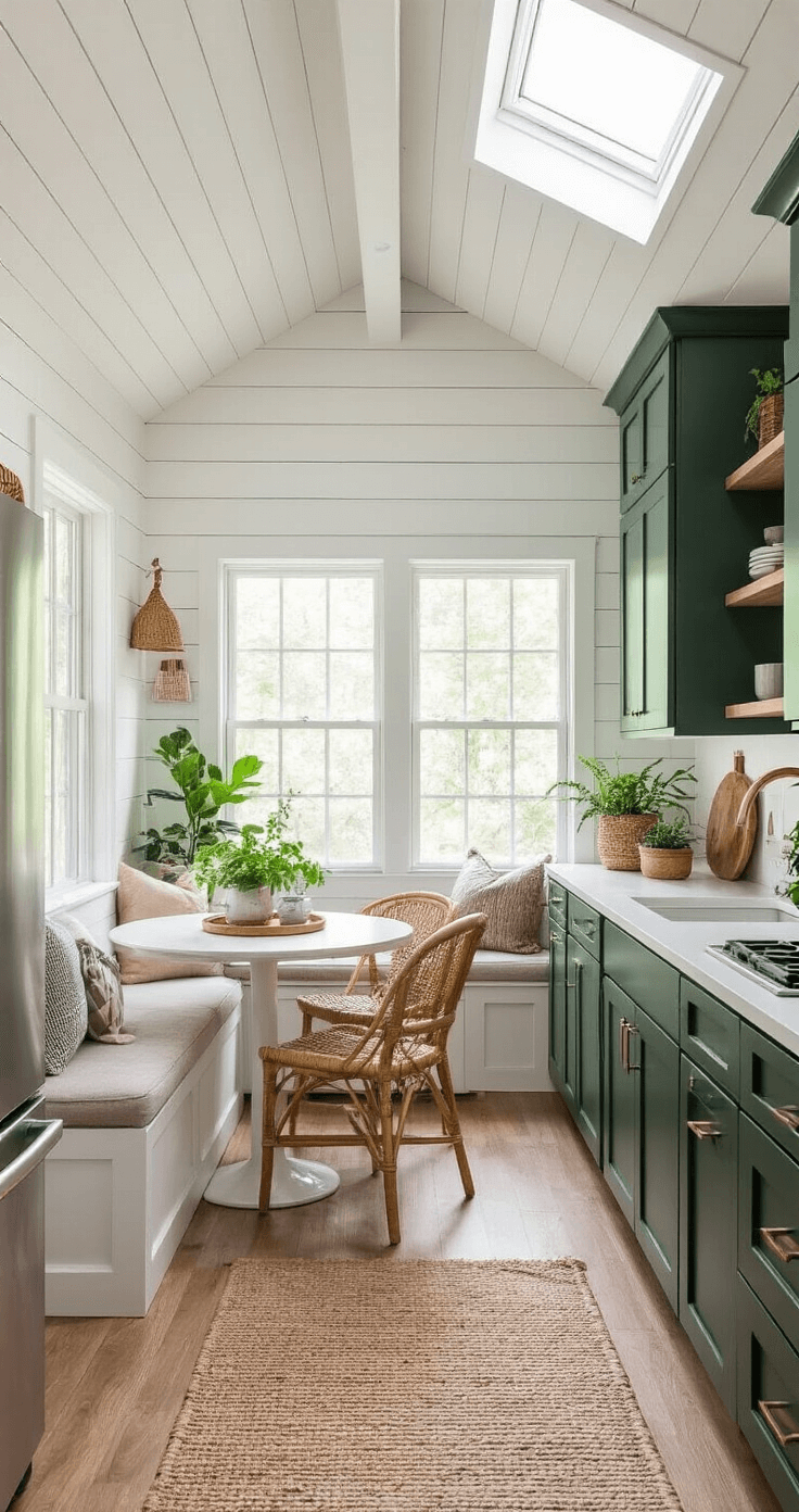 Bloxburg 2-Story House Layout Ideas: Your Ultimate Guide to Crafting the Perfect Virtual Home A cozy two-bedroom home interior featuring a compact galley kitchen with deep green cabinets, a bright living area, and a small dining nook, all under natural light from skylights, with rattan accents and potted plants enhancing the warm atmosphere.