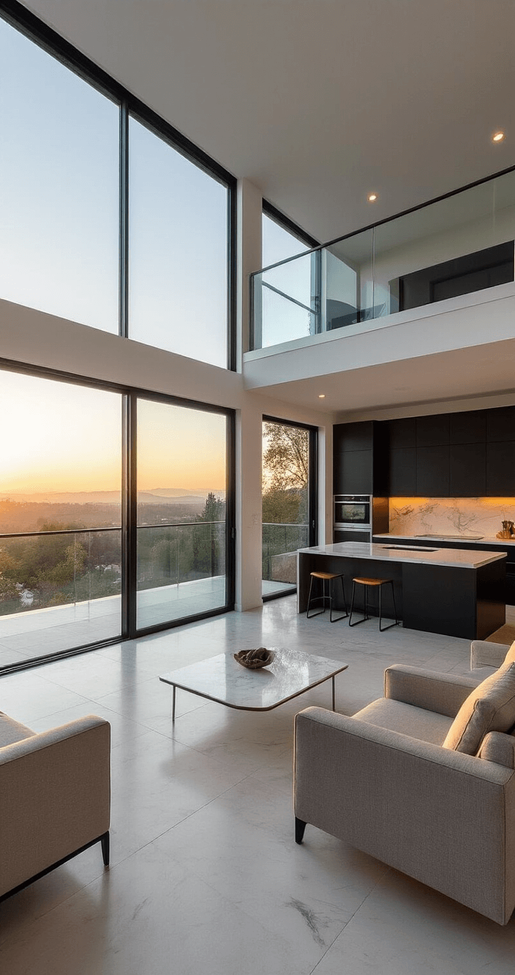 Bloxburg 2-Story House Layout Ideas: Your Ultimate Guide to Crafting the Perfect Virtual Home A modern open-plan home at sunrise with floor-to-ceiling windows, a floating staircase, a matte black kitchen, and mid-century furniture in neutral tones, showcasing early morning light across the sleek design.