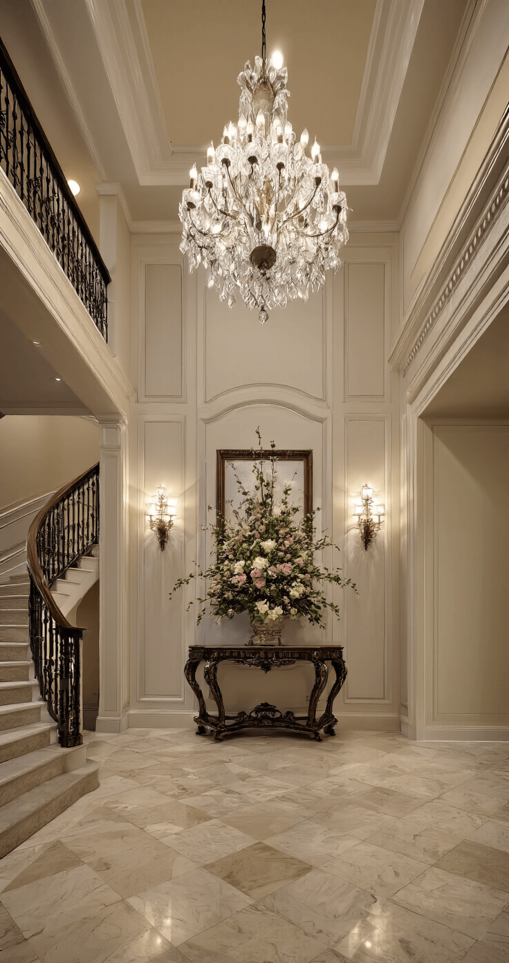 Bloxburg 2-Story House Layout Ideas: Your Ultimate Guide to Crafting the Perfect Virtual Home A grand two-story foyer at twilight features a sweeping staircase, crystal chandelier, and marble herringbone flooring illuminated by warm wall sconces, viewed from the doorway.