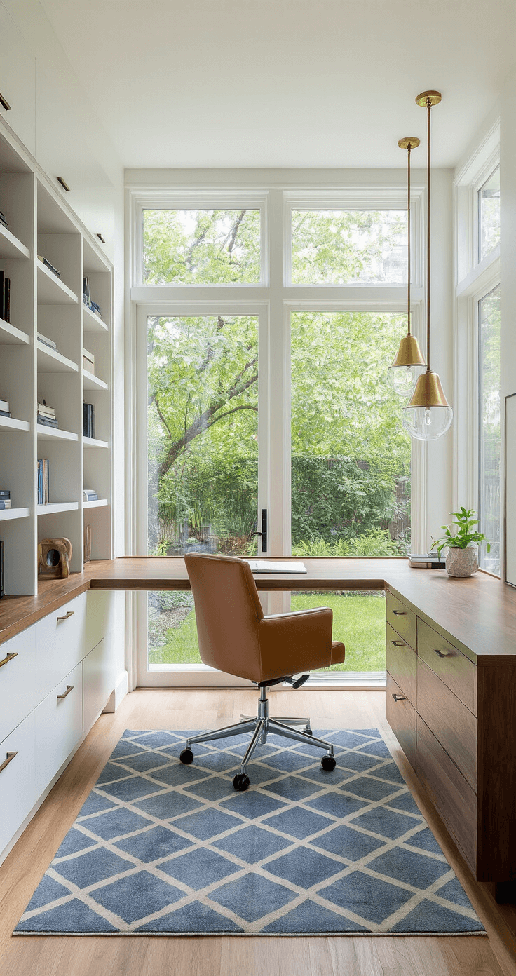 Bloxburg 2-Story House Layout Ideas: Your Ultimate Guide to Crafting the Perfect Virtual Home A modern home office with floor-to-ceiling windows overlooking a lush garden, featuring a walnut floating desk, an ergonomic cognac leather chair, white built-in bookshelves, a blue and gray geometric area rug, and brass-accented pendant lights.