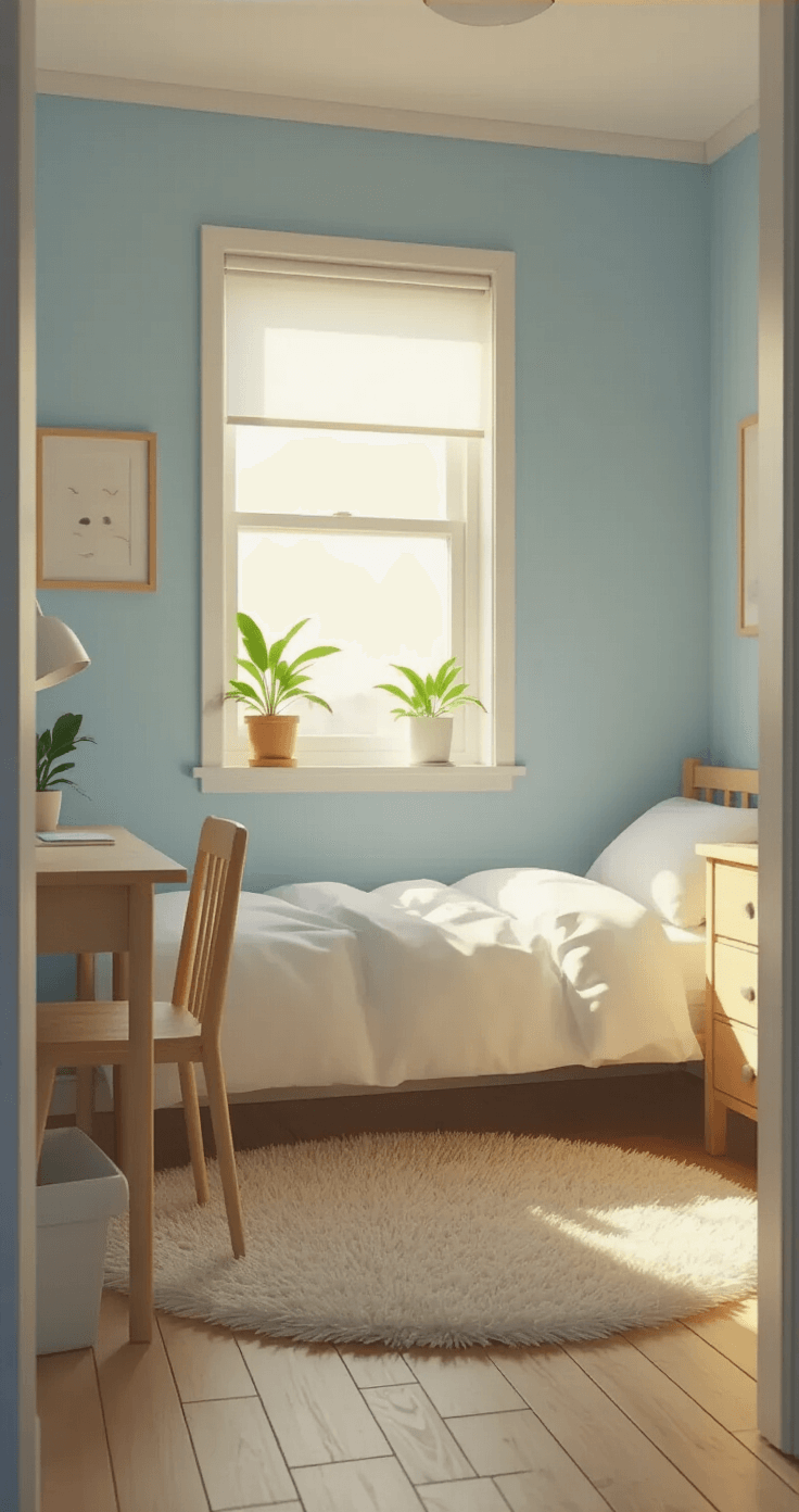 A cozy 3x3 bedroom in a Bloxburg starter home with pale blue walls, featuring a single bed with white sheets, a wooden nightstand, a compact desk, and a potted plant on the windowsill, all illuminated by early morning sunlight.