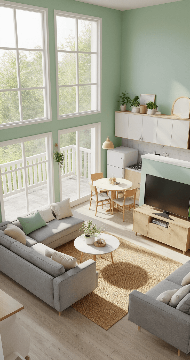 An elevated view of a budget-friendly open-concept living area in a Bloxburg home, featuring a modest kitchen, dining area with a round table on a jute rug, and a living space with a gray sofa and wall-mounted TV, all illuminated by late afternoon sun.