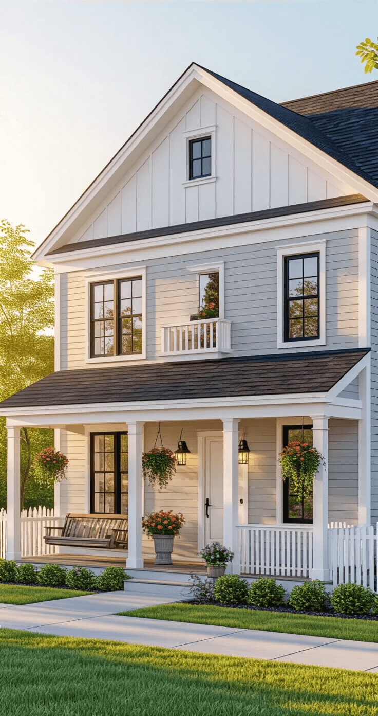 A charming two-story Bloxburg home with light gray siding and white board and batten detailing, featuring a welcoming covered porch with a swing and flowers, black-framed windows, and a gable roof with charcoal shingles, all bathed in warm golden hour sunlight.