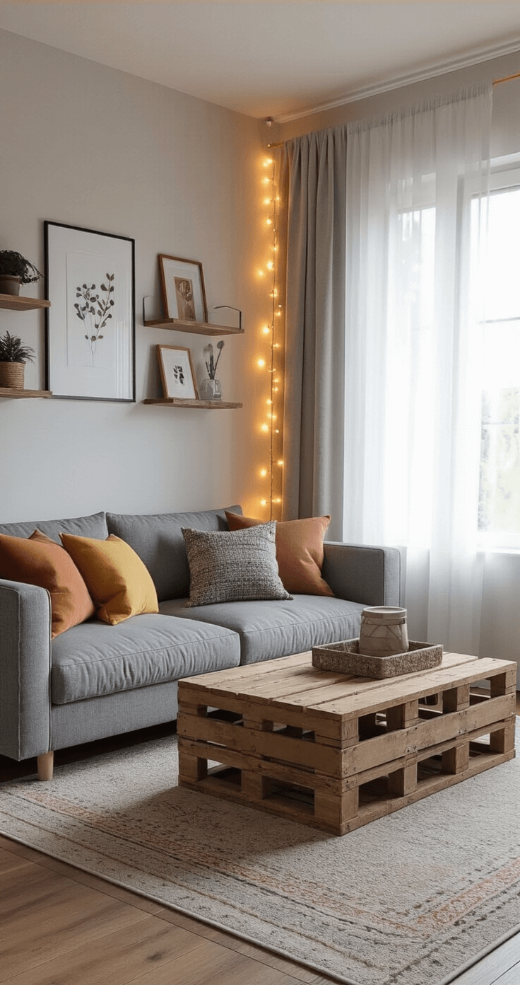 A cozy budget-friendly living room with a gray sofa, colorful throw pillows, a DIY wooden crate coffee table, floating shelves with decor, a muted area rug, and whimsical string lights, captured from an eye-level view at the room's entrance.
