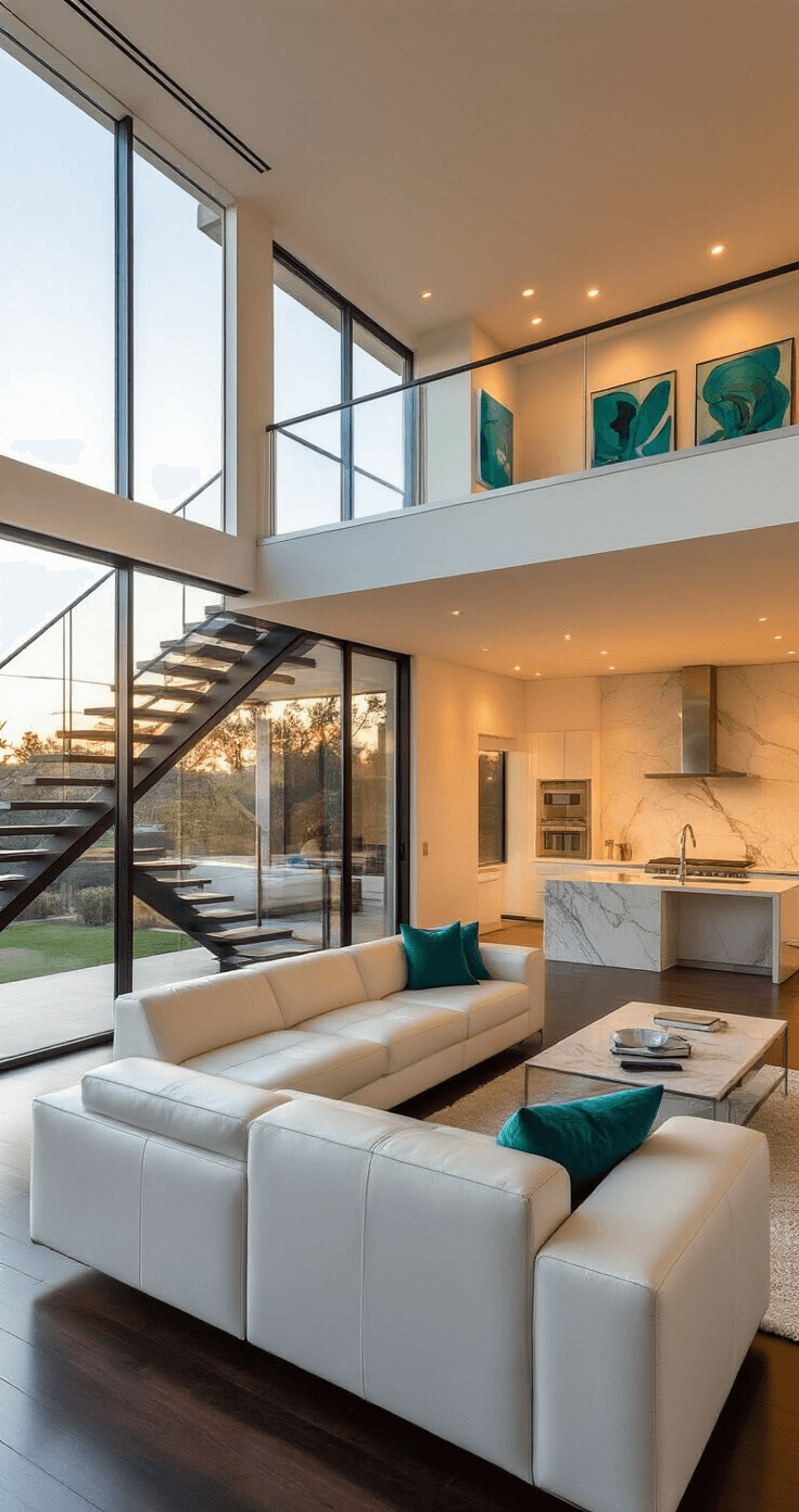 Bloxburg Mansion Mania: Your Ultimate Guide to Luxe Living in 2025 A spacious modern mansion interior with floor-to-ceiling windows, minimalist white leather furniture, a floating staircase, and a sleek kitchen featuring a marble island, accented by teal art and pillows, all bathed in warm afternoon light.