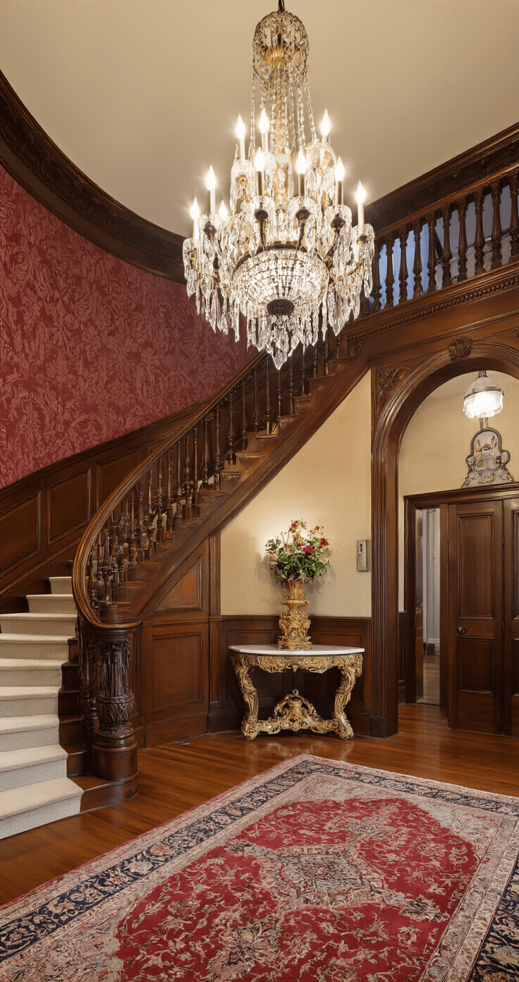 Bloxburg Mansion Mania: Your Ultimate Guide to Luxe Living in 2025 A grand Victorian mansion foyer with an ornate crystal chandelier, rich mahogany wainscoting, and deep burgundy damask wallpaper. A sweeping staircase with carved banisters leads to the second floor, while an antique Persian rug adorns the polished hardwood floor. Fresh flowers in a gilded vase sit on a marble-topped console table, all illuminated by warm, intimate lighting.