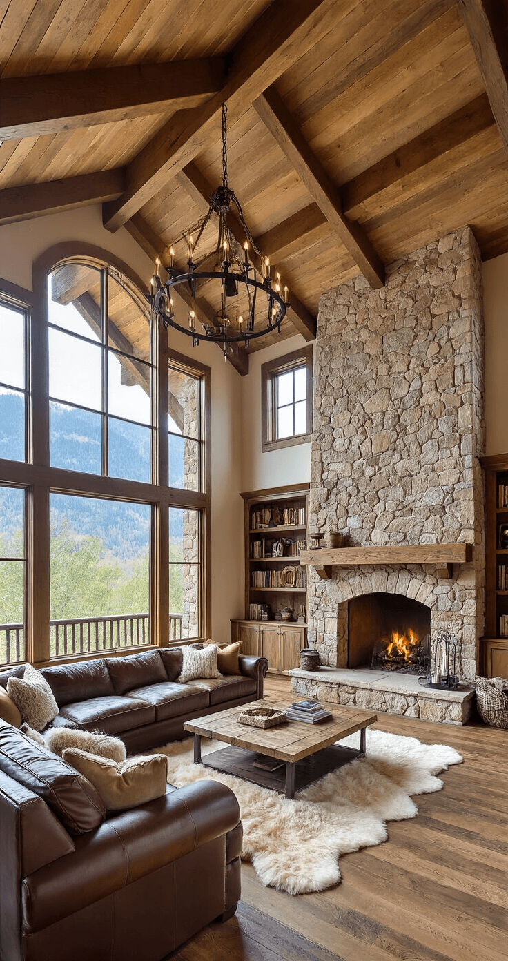 Bloxburg Mansion Mania: Your Ultimate Guide to Luxe Living in 2025 Rustic hilltop mansion great room with vaulted ceilings, a stone fireplace, oversized leather sectional, and large windows framing a mountain view, illuminated by natural light and a wrought iron chandelier.