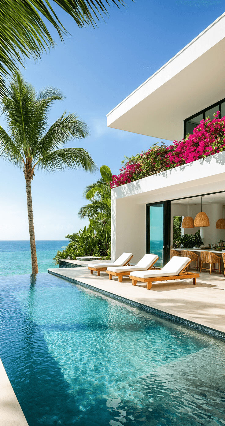 Bloxburg Mansion Mania: Your Ultimate Guide to Luxe Living in 2025 Tropical mansion pool area with an infinity edge pool merging into the ocean, featuring sleek teak lounge chairs, lush palm trees, and vibrant bougainvillea. An airy open-plan living space with glass sliding doors and rattan pendant lights over the outdoor bar. High-contrast lighting highlights vivid colors and water reflections.