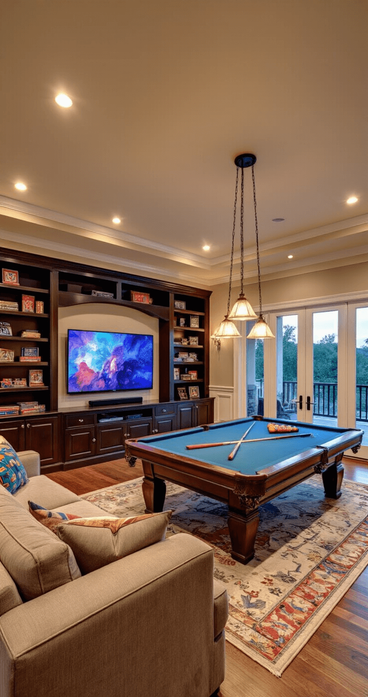 Bloxburg Mansion Mania: Your Ultimate Guide to Luxe Living in 2025 A spacious evening game room in a family mansion featuring high ceilings, a large sectional sofa facing a wall-mounted TV, a pool table with pendant lighting, built-in shelves filled with board games and consoles, colorful abstract art on the walls, and French doors leading to a balcony overlooking the backyard, all bathed in warm, inviting lighting.