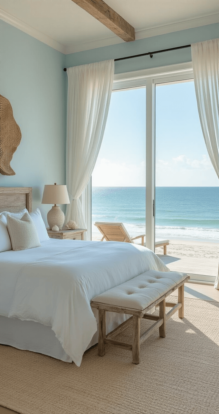 Bloxburg Mansion Mania: Your Ultimate Guide to Luxe Living in 2025 A luxurious beachfront master bedroom at sunrise, featuring a king-size bed with white linens, panoramic ocean views through floor-to-ceiling windows, sheer billowing curtains, weathered wood nightstands with seashell lamps, pale blue walls, sandy beige carpet, an oversized chaise lounge, and driftwood art above the headboard, all bathed in soft morning light.