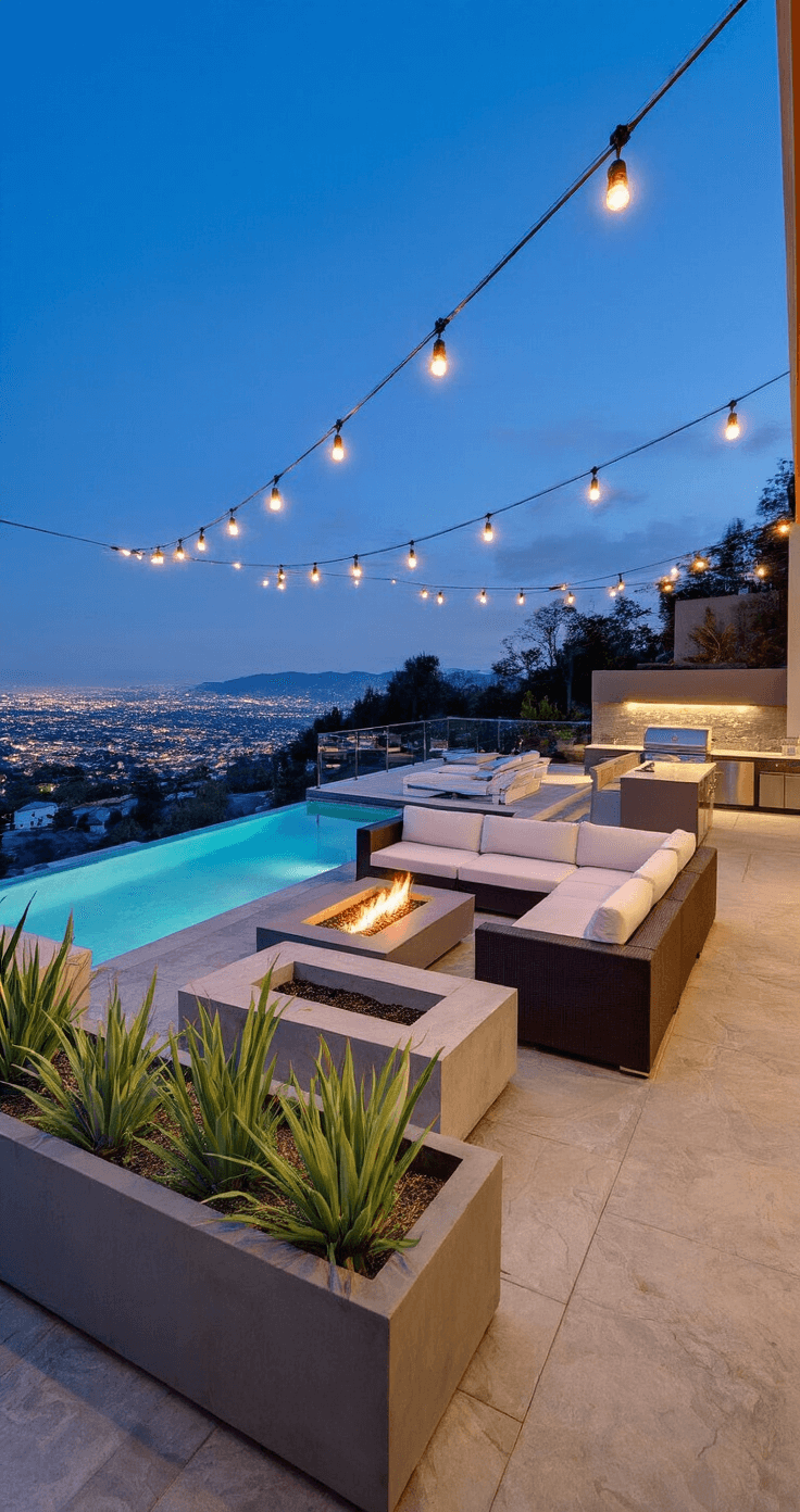Bloxburg Mansion Mania: Your Ultimate Guide to Luxe Living in 2025 A luxurious hillside mansion's outdoor living area at twilight, featuring a multi-level terrace with an infinity edge pool overlooking city lights, modern fire pit with sectional seating, overhead string lights, outdoor kitchen with grill, glass railings, sculptural plants in concrete planters, and textured stone flooring, all illuminated in warm accent lights.