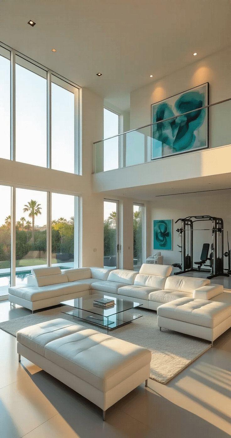 A modern open-plan living area in a mansion with a white leather sectional, glass coffee table, and abstract art, illuminated by late afternoon sunlight through floor-to-ceiling windows, featuring a home gym visible through sliding glass doors, in a color palette of whites, warm grays, and teal accents.