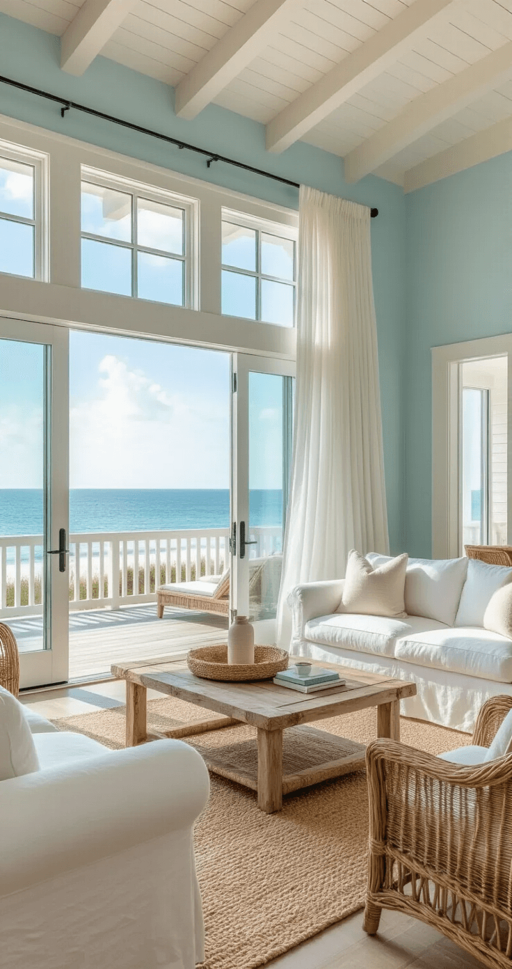 A beachfront living area featuring panoramic ocean views, white linen sofas, driftwood coffee table, and woven rattan chairs, with sheer curtains billowing in the breeze from open French doors. The interior showcases pale blue walls, sandy beige accents, and coral pops, captured in bright natural lighting from the deck.