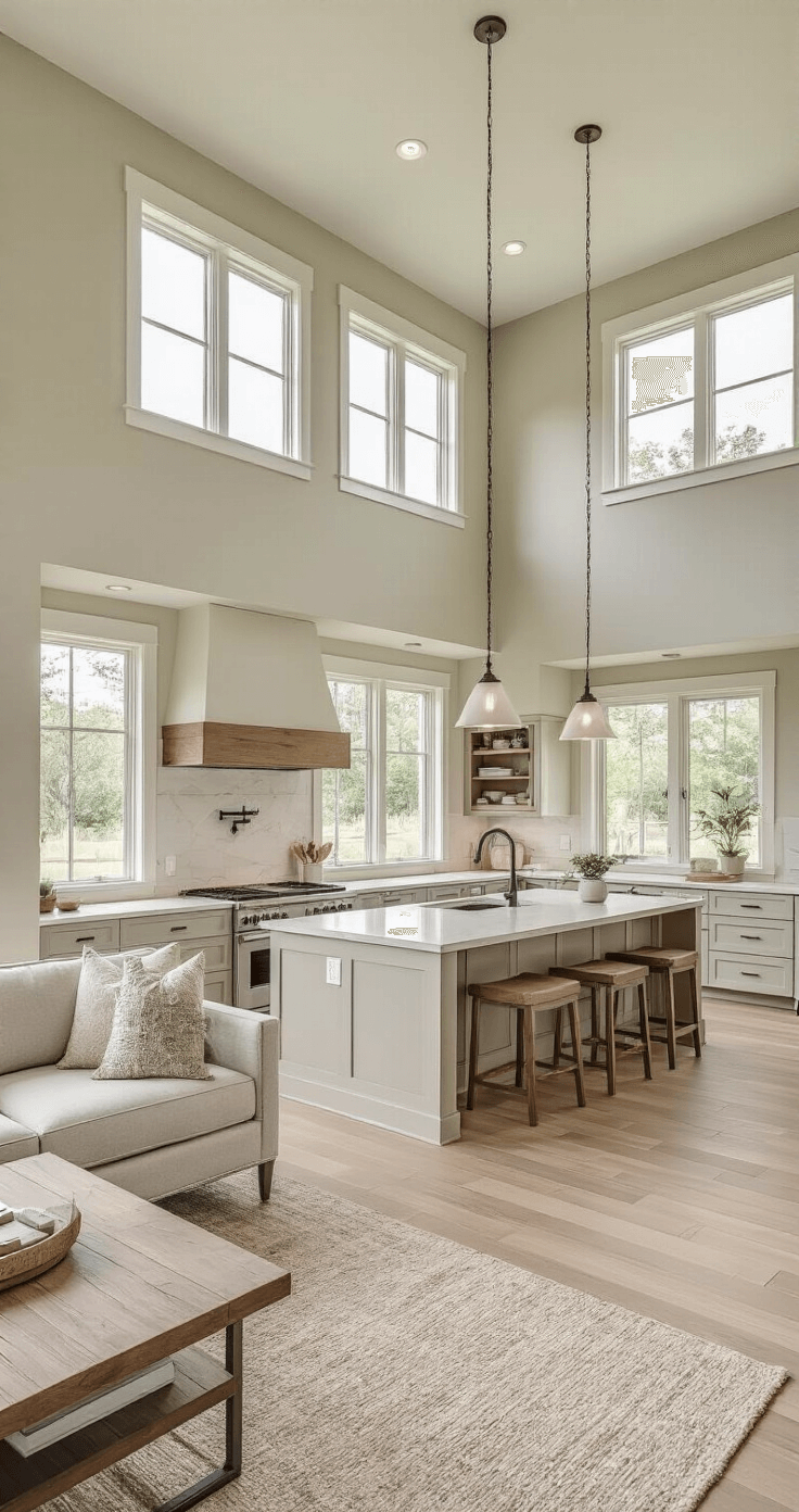 A warm and inviting open-concept living space featuring a seamlessly connected kitchen, dining, and living areas; adorned with neutral tones and soft greens. Practical furniture, including a kitchen island with bar seating and a multifunctional media center, maximizes space, while large windows allow abundant natural light to illuminate the efficient layout.