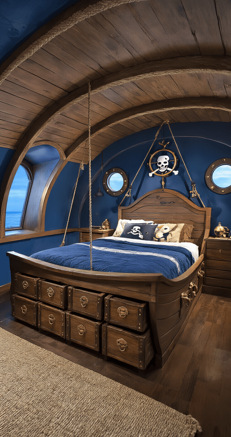 A whimsical pirate ship-themed bedroom featuring curved walls, a captain's bed with treasure chest drawers, porthole windows, and nautical decor in deep blues and rich browns, captured from a low angle that highlights the unique architecture and dramatic moonlit shadows.