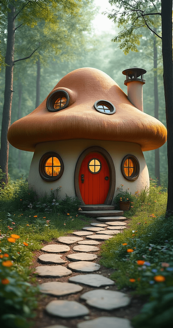 An enchanting mushroom-shaped tiny house nestled in a vibrant forest clearing, featuring a thatched roof, circular windows, and a colorful door. A winding stone path adorned with wildflowers and fairy lights leads to the entrance, all captured in warm earthy tones and soft, dappled sunlight.