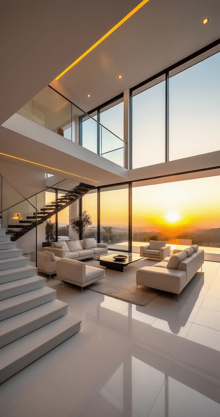 A stylish, minimalist mansion interior with golden hour light, featuring an expansive open-plan living area, floor-to-ceiling windows, a floating glass staircase, white walls, charcoal gray flooring, and mid-century modern furniture, all captured with a wide-angle lens to emphasize the space's vastness.