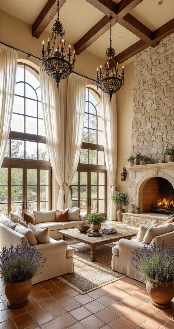 An opulent Mediterranean-inspired great room featuring high ceilings, arched windows with sheer curtains, a large stone fireplace, ornate chandeliers, and elegant seating arranged around a reclaimed wood coffee table, enhanced by potted olive trees and lavender plants, all bathed in warm, diffused light.