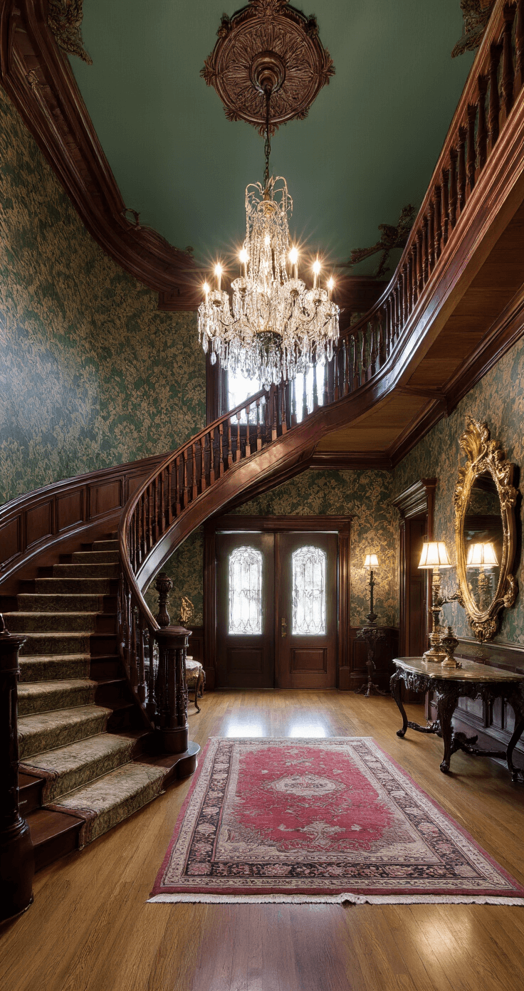 A grand Victorian foyer featuring a sweeping wooden staircase, ornate jewel-toned wallpaper, a crystal chandelier, antique furniture, and plush oriental rugs, captured from the entrance with dramatic lighting highlighting its opulent atmosphere.