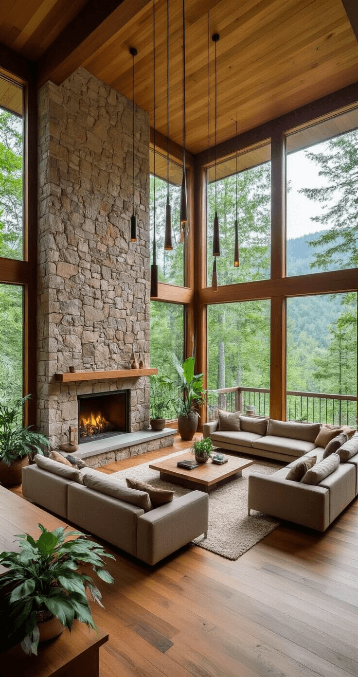 A spacious multi-level living room with panoramic forest views through floor-to-ceiling windows, featuring natural stone walls, wooden floors, a sunken conversation pit around a fireplace, modern earth-toned furniture, varied-height pendant lights, and indoor plants, all illuminated by abundant natural light.