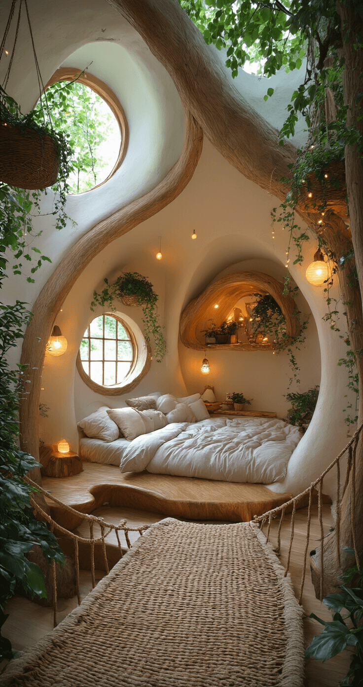A whimsical treehouse-inspired bedroom featuring a canopy bed resembling a bird's nest, with live-edge wood furniture, woven textures, and glowing orbs. A rope bridge leads to a cozy reading nook suspended from the ceiling, surrounded by cascading plants and soft, ambient lighting. The low camera angle highlights the curved walls and organic shapes, enhancing the fantastical atmosphere.
