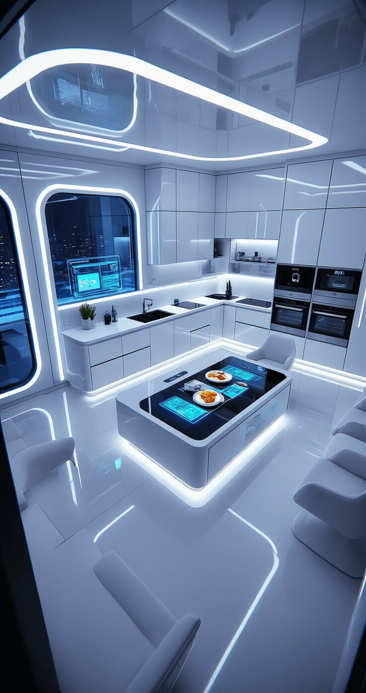 A high-angle view of a futuristic kitchen-dining area featuring glossy white surfaces, LED accent lighting, sleek handleless cabinetry with touch-activated doors, a floating island with a holographic recipe display, adjustable smart glass windows, ergonomic seating around an expandable dining table, and metallic accents with neon color pops, all highlighted in cool blue tones.