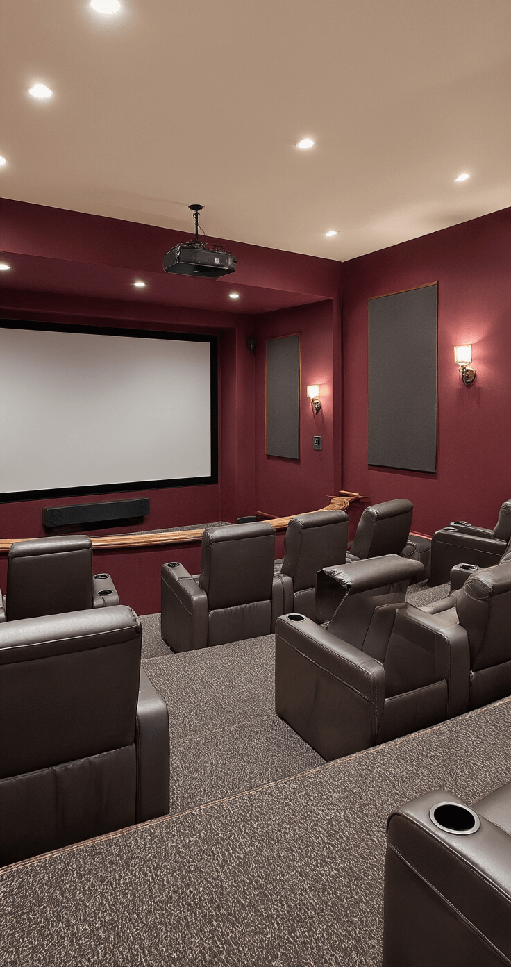 A luxurious home theater featuring tiered seating with reclining leather chairs, a massive curved screen, acoustic paneling, and a small bar area; deep burgundy walls and plush charcoal carpeting enhance sound absorption, illuminated by soft sconce lighting.