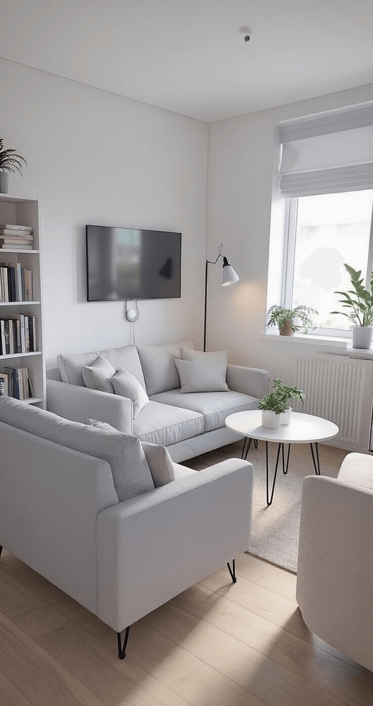 A compact Bloxburg living room in a 3x4 grid layout, featuring a light gray two-seater sofa, wall-mounted TV with hidden storage, narrow corner bookshelf with a potted plant, round coffee table with hairpin legs, and a cozy reading nook under the window. Early morning light floods in, reflecting off a strategically placed mirror that visually expands the space, with a color scheme of white, light wood, and pale blue accents.