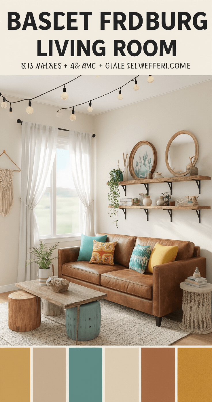 A cozy and stylish budget-friendly Bloxburg living room featuring a secondhand leather sofa with colorful DIY pillows, reclaimed wood floating shelves with thrifted decor, eclectic side tables, and macramé wall hangings, illuminated by natural light and string lights.