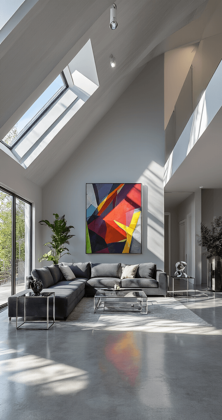 Modern Bloxburg living room featuring dramatic vaulted ceilings, geometric skylights, charcoal gray L-shaped sofa, striking glass and metal entertainment unit, chrome side tables with abstract sculptures, large vibrant abstract canvas, polished concrete floors, and an industrial chic vibe, captured in a wide-angle shot from an elevated position.