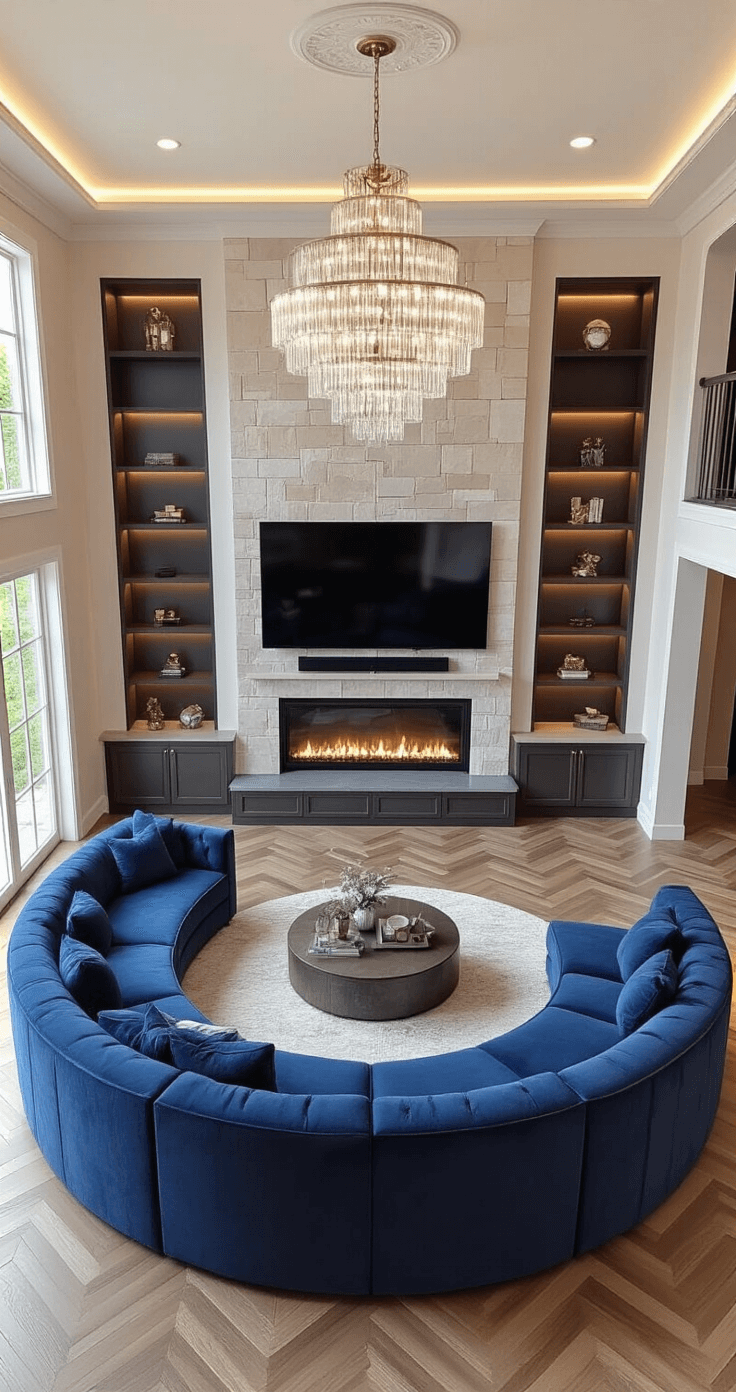 A luxurious Bloxburg living room featuring a deep blue velvet curved sectional, an 85-inch TV, a stone fireplace, and recessed lighting, captured from a low angle to highlight the room's scale and elegance.