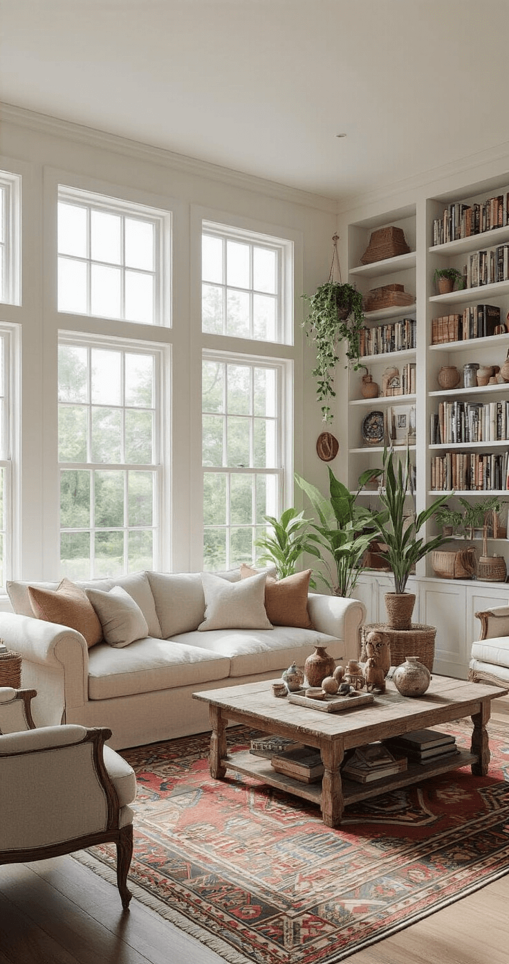 A bright and eclectic Bloxburg living room, featuring a neutral linen sofa, mismatched vintage armchairs, a distressed wood coffee table with global trinkets, floor-to-ceiling bookshelves filled with books and potted plants, framed travel posters, and a colorful Kilim rug, viewed from the entrance.