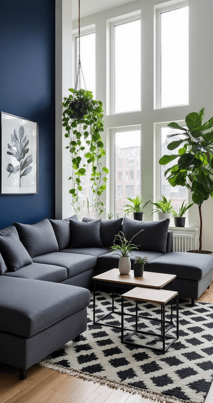 A compact, budget-friendly living room featuring a charcoal gray DIY sectional sofa, geometric black and white rug, and flexible nesting tables. Early morning light floods through floor-to-ceiling windows, with navy blue and white walls highlighted by greenery from pothos plants and a tall fiddle leaf fig tree. Elevated angle showcasing efficient use of space and geometric patterns.