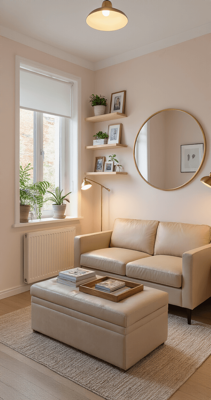 A cozy 4x8ft living room featuring a beige leather loveseat, brass-accented floor lamps, a multi-functional ottoman, and wall-mounted floating shelves showcasing framed photos and plants, all illuminated by warm evening light.