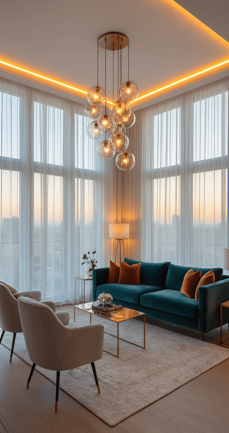 A warmly lit living room during golden hour, featuring floor-to-ceiling windows with sheer white curtains, a modern chandelier, a deep teal velvet sofa with copper-toned pillows, light gray swivel chairs, and soft glow from concealed LED lighting in the crown molding.