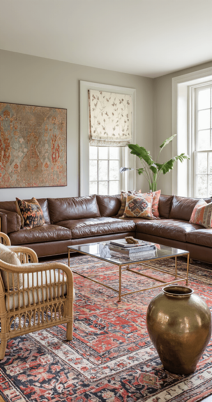 A bright living room with a mix of patterns and textures, featuring a chocolate brown leather sectional sofa with patterned throw pillows, a vintage Persian rug, rattan armchairs, and a glass and brass coffee table, all against soft greige walls and filtered light through sheer chevron-patterned curtains.