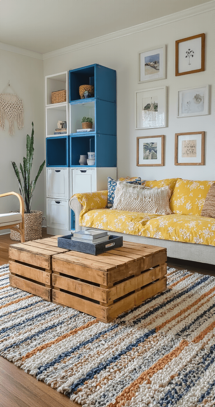 A cozy DIY living room featuring creative furniture made from cube shelving units and wooden crates, accented with a yellow slipcovered sofa and handmade macramé pillows, bathed in soft evening light with warm string lights and colorful thrifted wall art.
