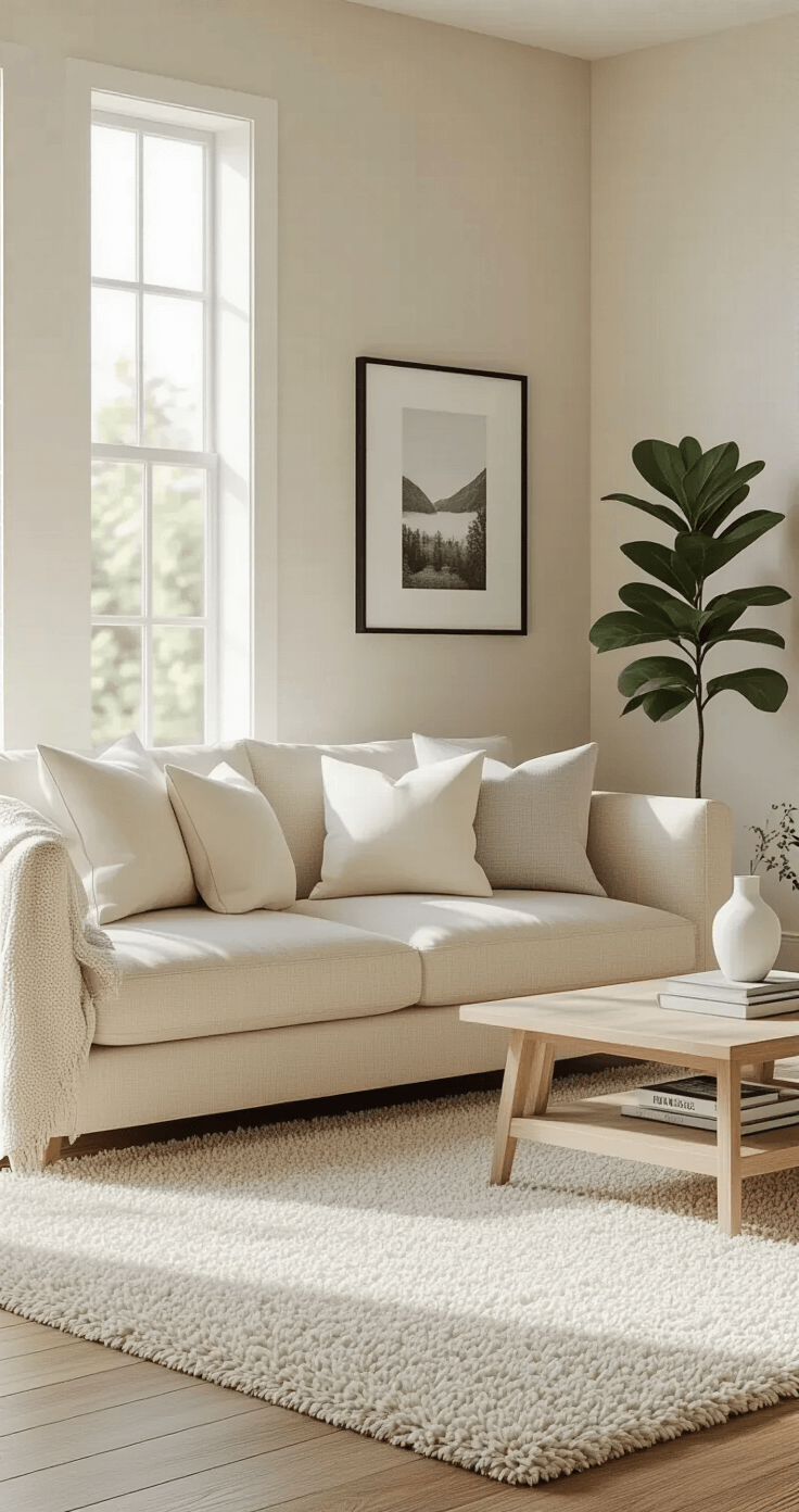 A cozy minimalist living room featuring a beige linen couch with cream and light gray pillows, warm oak flooring, an ivory area rug, and a fiddle leaf fig plant, illuminated by soft afternoon light through large windows. The off-white walls display framed black and white photographs, complemented by a simple wooden coffee table with design books and a vase.