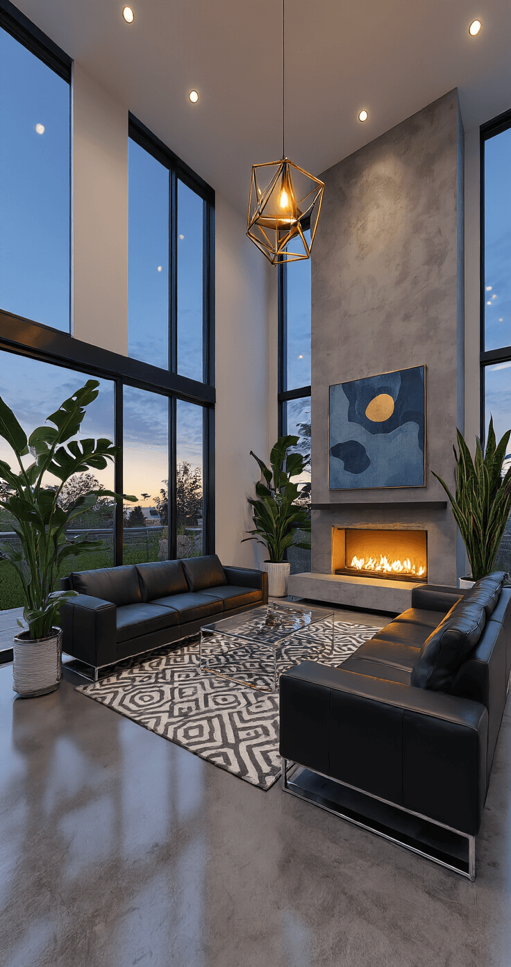 A modern Bloxburg living room with floor-to-ceiling windows showcasing a twilight sky, featuring a black leather sectional, a dramatic fireplace with a concrete surround, large potted plants, polished concrete floors, recessed lighting, a geometric pendant light, abstract art, a glass coffee table, and a gray and white patterned rug.