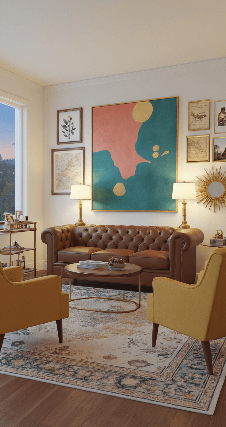 A detail-oriented living room in Bloxburg, featuring a cognac brown tufted leather Chesterfield sofa, mustard yellow mid-century modern armchairs, and an abstract canvas in teal, coral, and gold. The space includes layered area rugs, a gallery wall of framed art, brass accents, and lush greenery, all illuminated by soft table lamps at dusk.