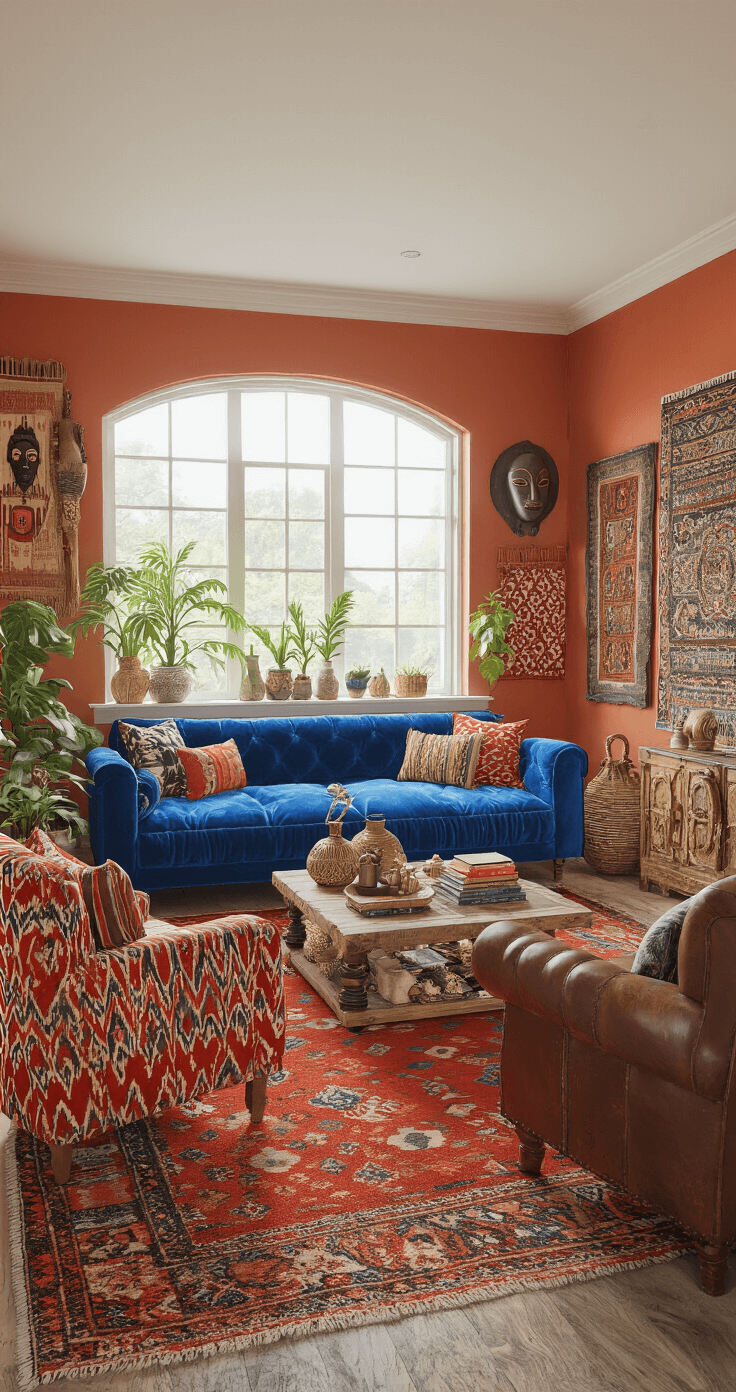 An eclectic living room featuring a vibrant blue velvet Moroccan-style sofa, mismatched armchairs, a large kilim rug, warm terracotta walls adorned with framed textiles and cultural masks, and bright natural light streaming in from a bay window, creating a colorful and inviting atmosphere.