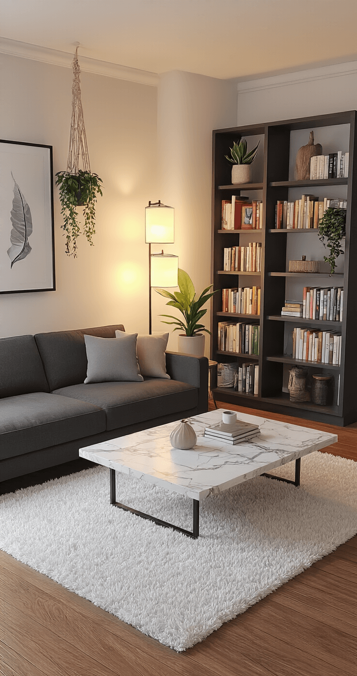 Intimate living room with a charcoal gray sofa and a marble coffee table, warm light from floor lamps, dark wood bookshelves filled with color-coded books, a plush white shag rug, and hanging plants, viewed from a slightly elevated angle.