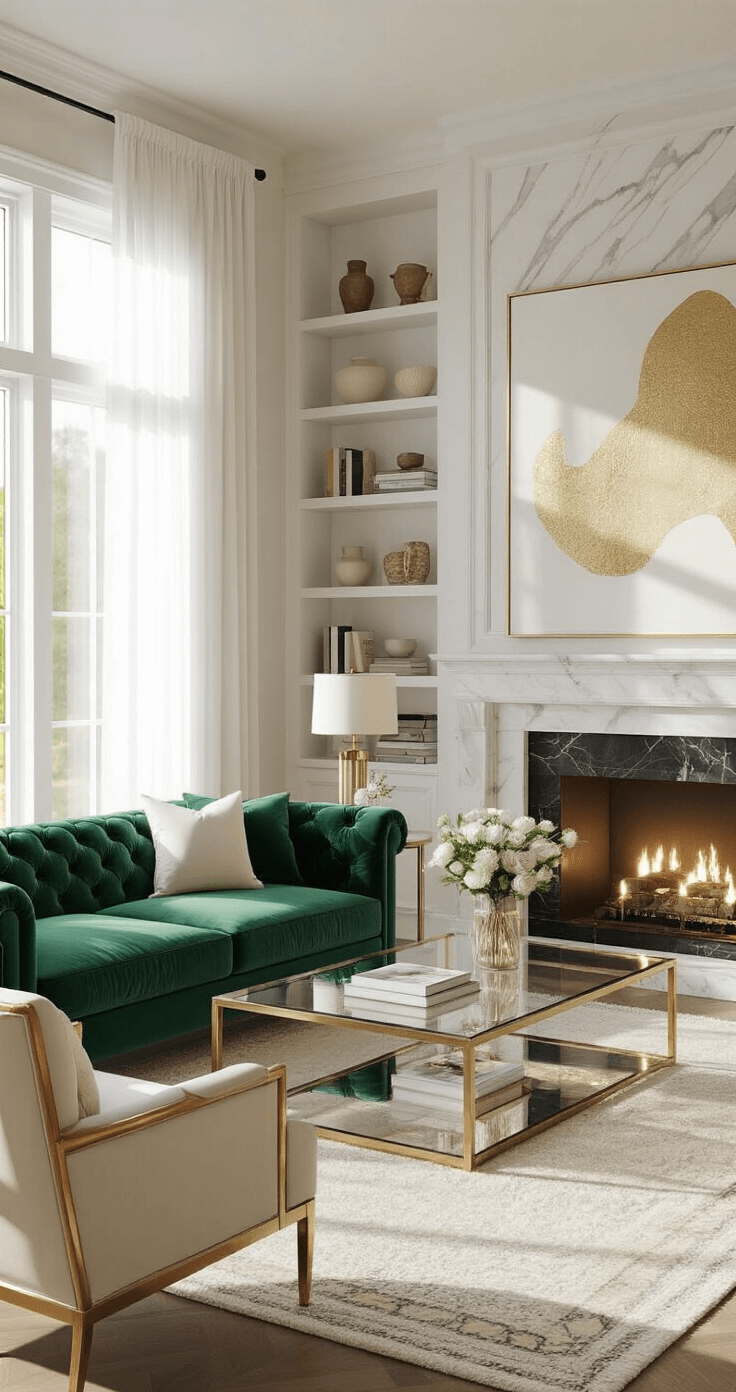 A luxurious Bloxburg living room with a tufted emerald velvet sofa, brass-framed cream armchairs, and a glass coffee table, illuminated by morning light through sheer curtains, featuring a marble fireplace and built-in shelving adorned with ceramics and art books, and an abstract gold and white painting as a focal point.