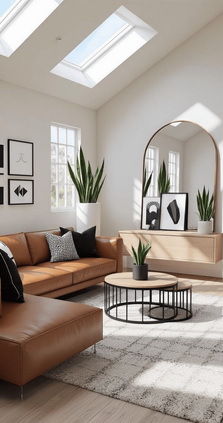 A stylish Bloxburg living room featuring a cognac leather sectional, geometric throw pillows, a black and wood coffee table, a floating media console with framed prints, an arched mirror, and potted snake plants, all illuminated by midday sun through skylights.
