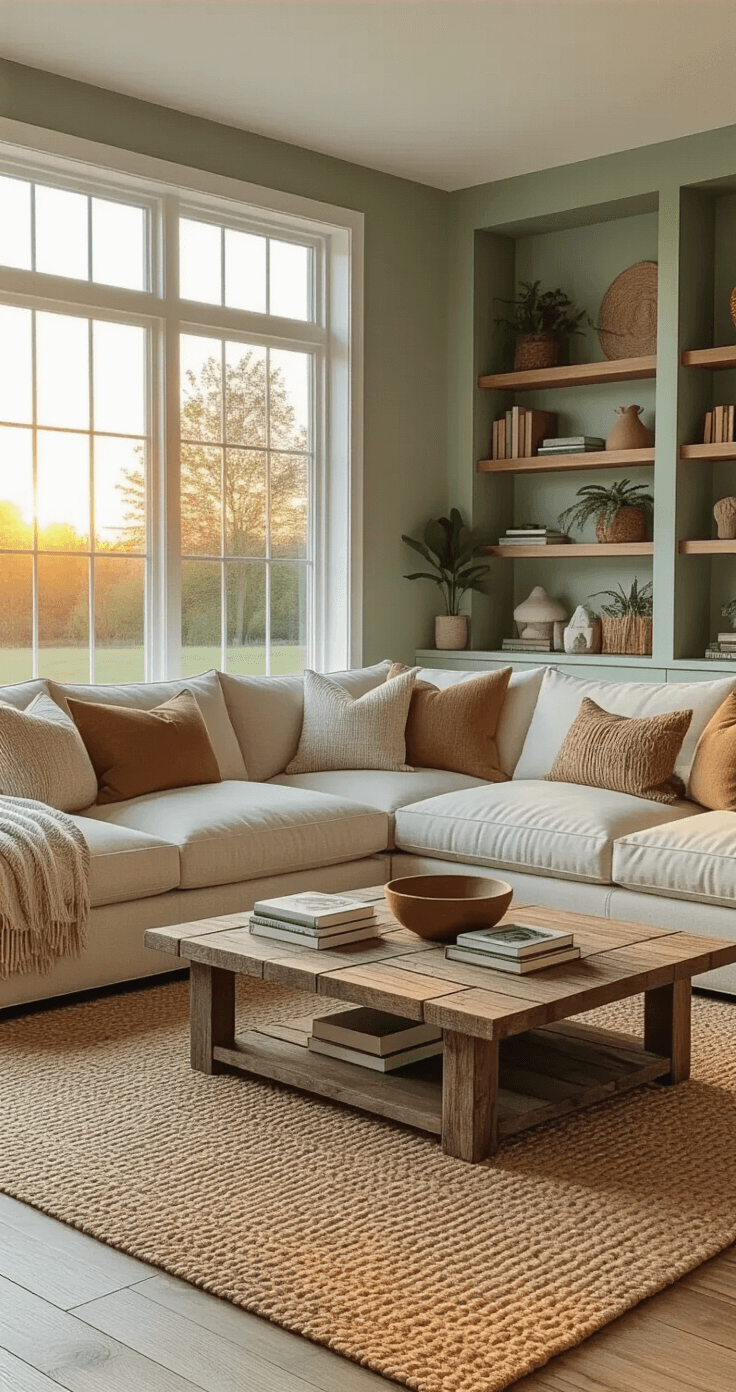 A cozy Bloxburg living room features a light beige oversized sectional, textured earthy pillows, a reclaimed wood coffee table with design books and a ceramic bowl, and floor-to-ceiling sage green built-in shelving filled with books and plants. A large jute rug adds warmth as sunset light casts a soft glow, enhancing the modern-bohemian aesthetic.
