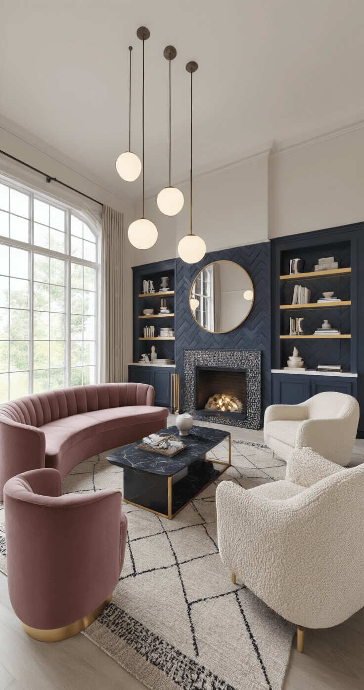 Elegant Bloxburg living room featuring a curved dusty rose velvet sofa, cream bouclé armchairs, and a black marble coffee table with gold legs, illuminated by soft light from contemporary pendant lights. A statement chevron-tiled fireplace is flanked by deep navy built-in bookcases, with a large round mirror above. A plush geometric area rug enhances the sophisticated ambiance, captured from eye level in a polished, magazine-worthy setting.