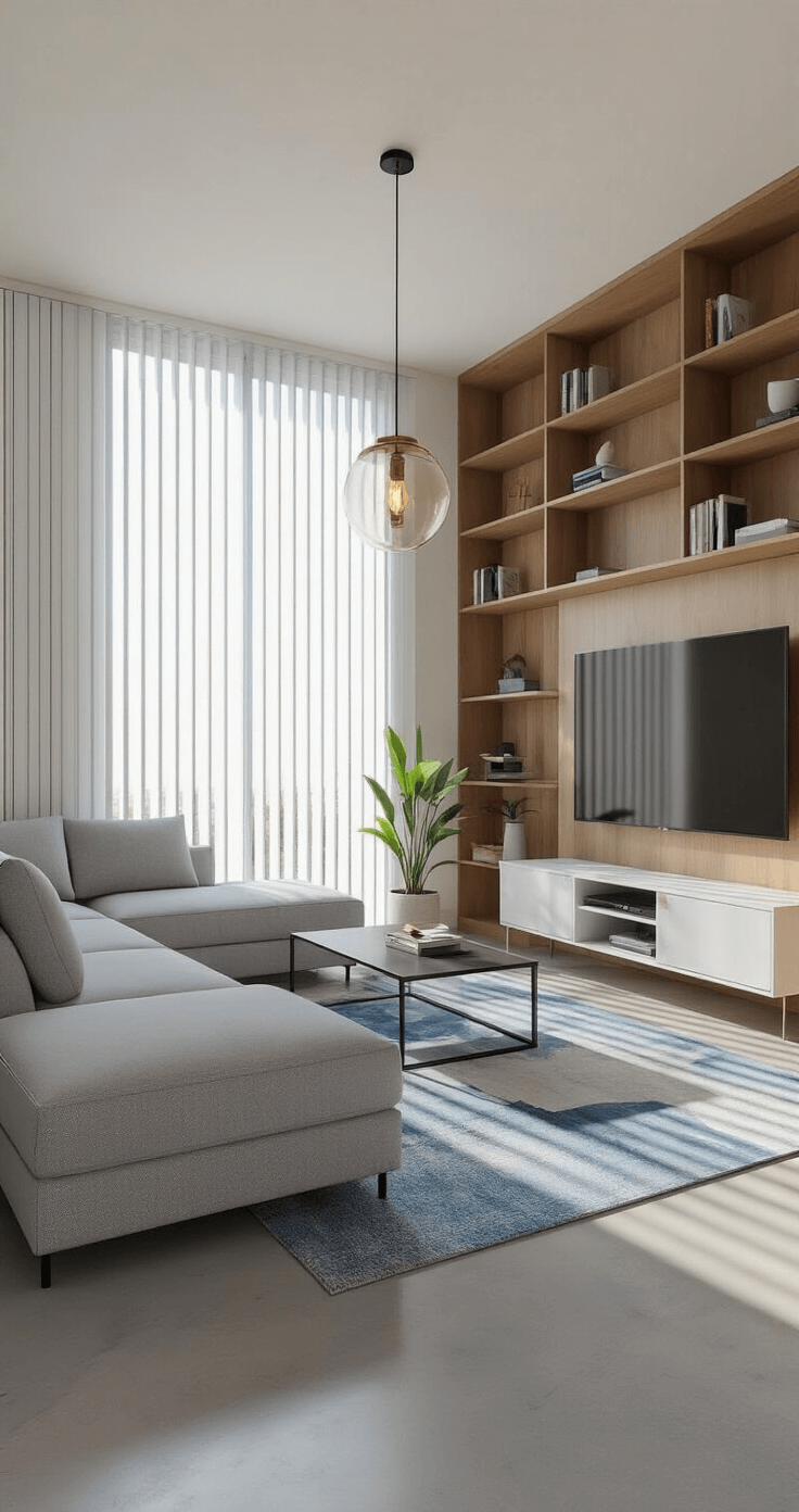 A modern Bloxburg living room featuring a light gray modular sofa, black metal side tables, a white low-profile entertainment unit with a large-screen TV, and a warm wood bookshelf, all illuminated by cool morning light filtering through vertical blinds. A striking brass and glass pendant light hangs above, and a large abstract rug in blue and gray adorns the polished concrete floor, captured from a slightly elevated angle.