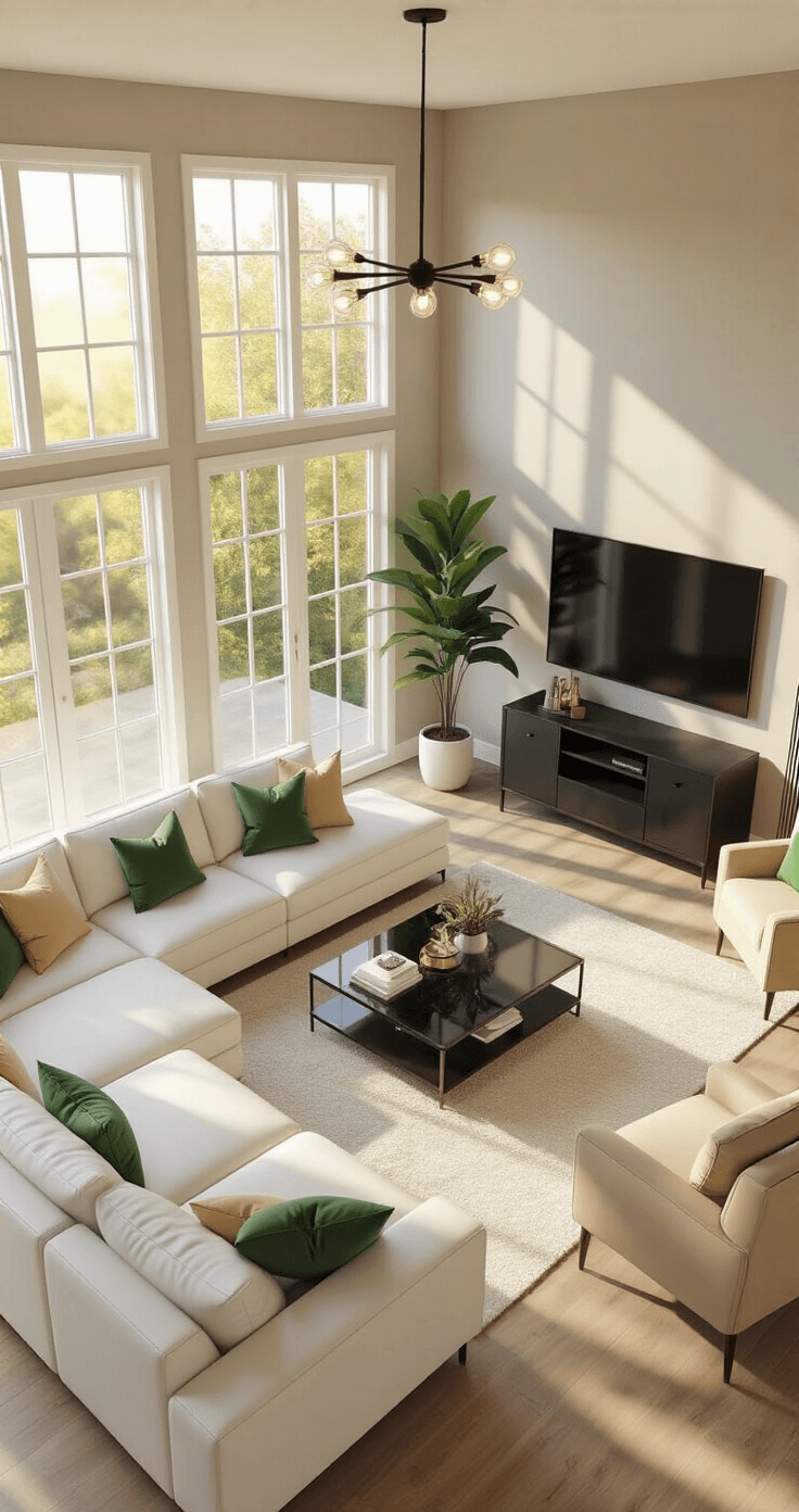 A spacious modern living room in Bloxburg with an L-shaped white leather sectional, sage green and gold throw pillows, a sleek black TV unit, a glass coffee table, a beige accent chair, and a tall fiddle leaf fig, all illuminated by warm golden hour light through large windows, captured from a high angle.